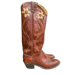 Vintage Acme Floral Embroidered Western Cowboy Boots Size 10 Brown Leather Tall